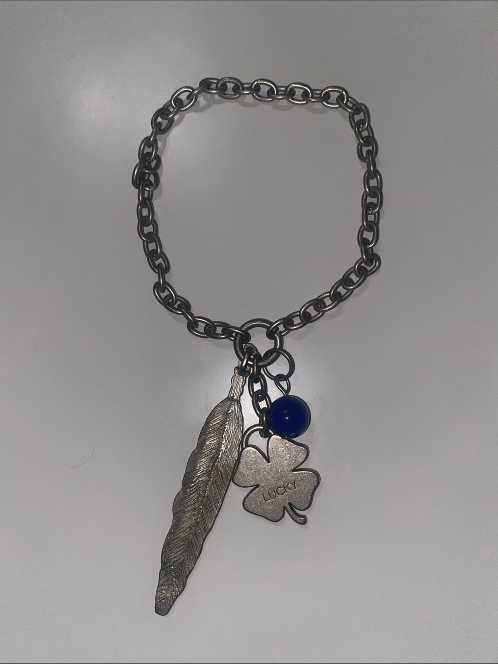 Lucky Clover & Feather Charm Bracelet with Blue Bead